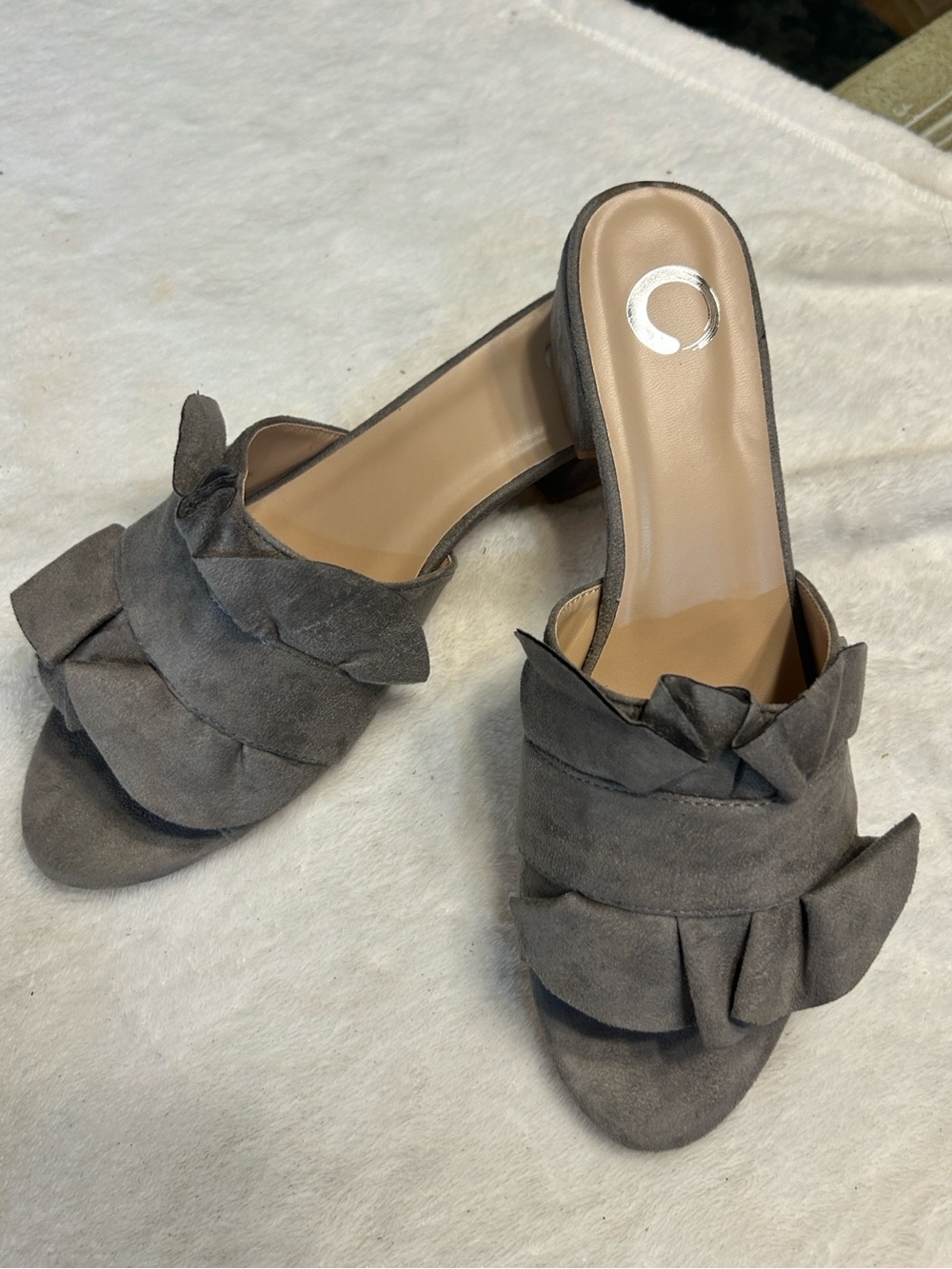 Journee Collection Gray Suede Ruffle Mule Heels